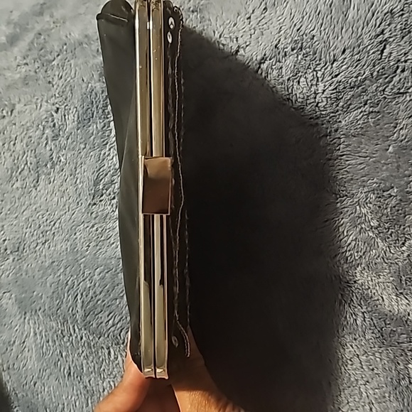 The Gap Black Satin & Silver Sequin Clutch, Push-n-Pull Silvertone Clasp Closure - Picture 4 of 8